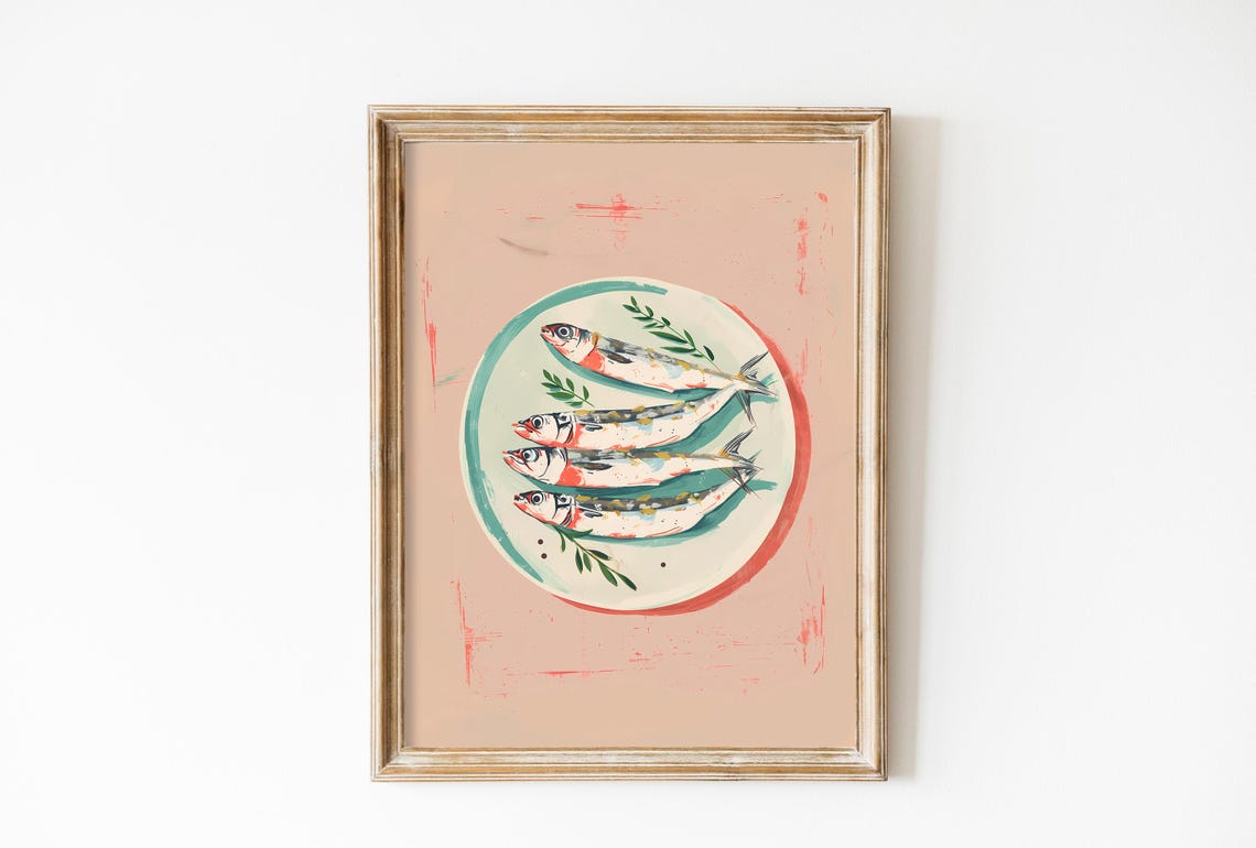 Pastel Pink Sardines Plate Retro Vintage Kitchen Fish Art Poster
