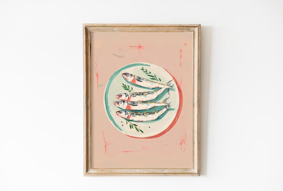 Pastel Pink Sardines Art Kitchen Print Sardines Tin Wall Art Dining Room Decor Retro Food Vintage Kitchen Decor Fish Poster Fishermen Art