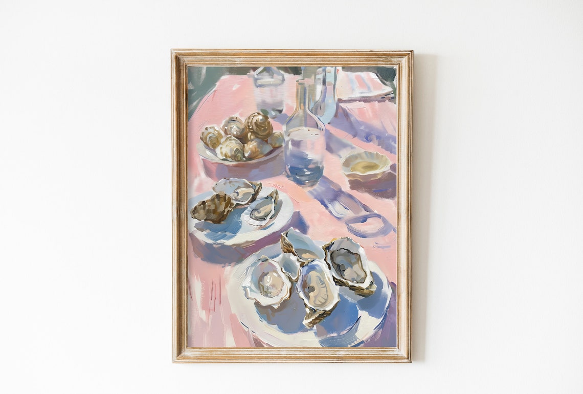 Fresh Oysters Seafood Table Pale Pink Impressionist Kitchen Art Print