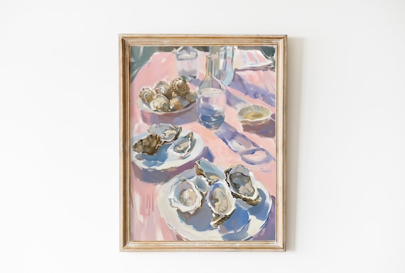 Delicious Fresh Oysters Print Seafood Kitchen Art Poster Flatlay Food In The Table Lemons Wall Art Pale Pink Decor