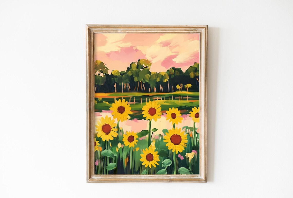 Sunflower Field By The Lake Under Pink Sunset Sky Art Poster