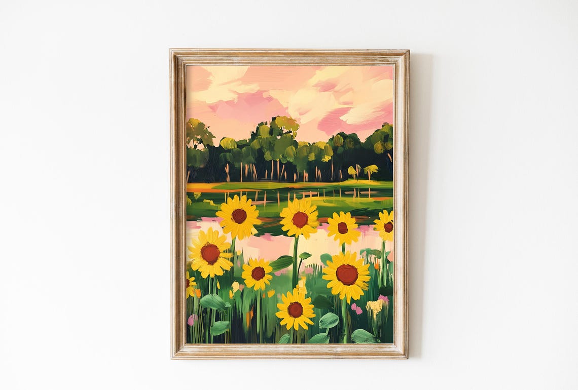 Vivid Sunflower Painting Coquette Room Decor Landscape Art Farm House Decor Flowers Field Painting Vintage Botanical Farm House Art