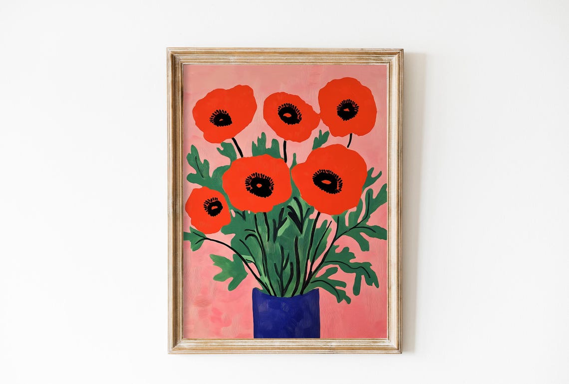 Orange Poppies Blue Vase Pink Background Floral Art Wall Poster