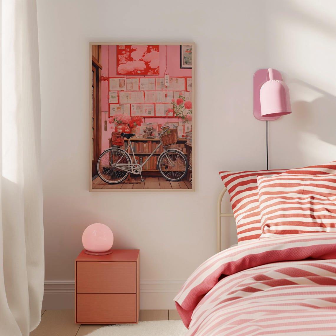 Pink Japanese Bookshop Interior with Bicycle Coquette Poster - Image 2