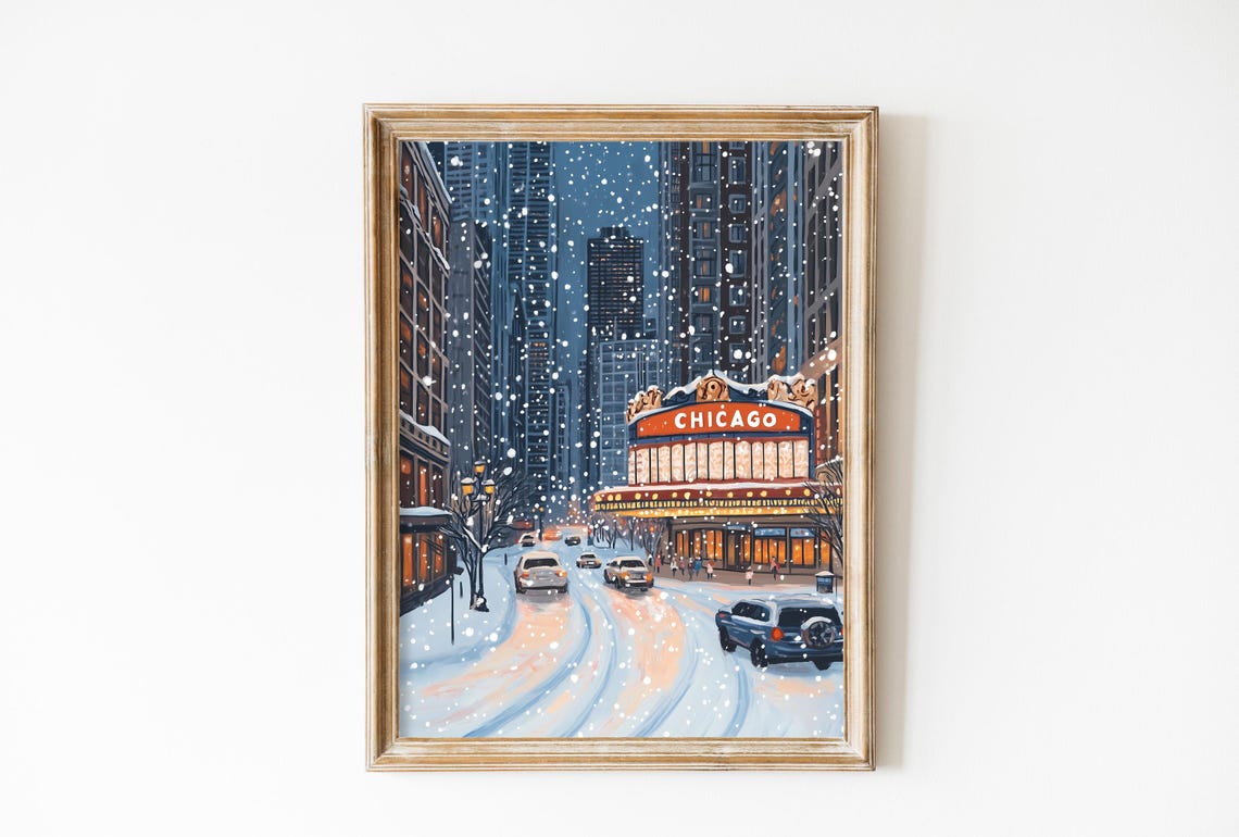 Vintage Winter Chicago Poster Christmas Chicago Wall Art Retro Oil Painting Usa Travel Poster Dorm Decor Gift Night City Landscape
