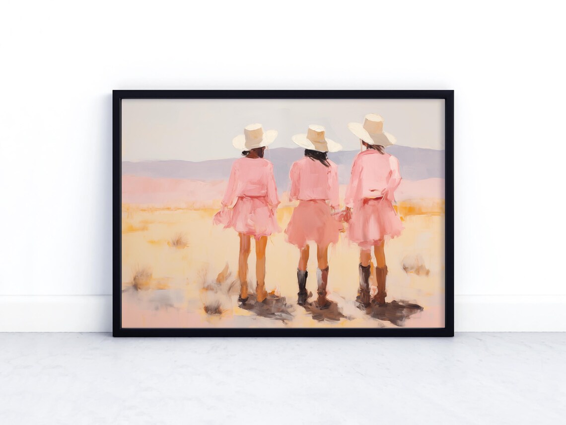 Three Pink Cowgirls Desert Sunset Western Rodeo Artwork Poster - Image 2