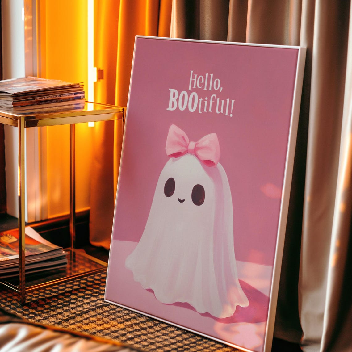 Hello Bootiful Ghost Pink Bow Cute Halloween Nursery Wall Poster - Image 2
