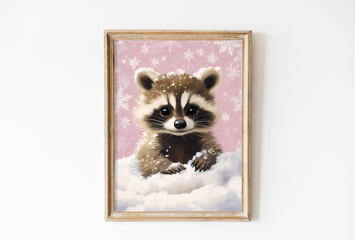 Baby Raccoon In Snow With Pink Snowflake Background Art Poster