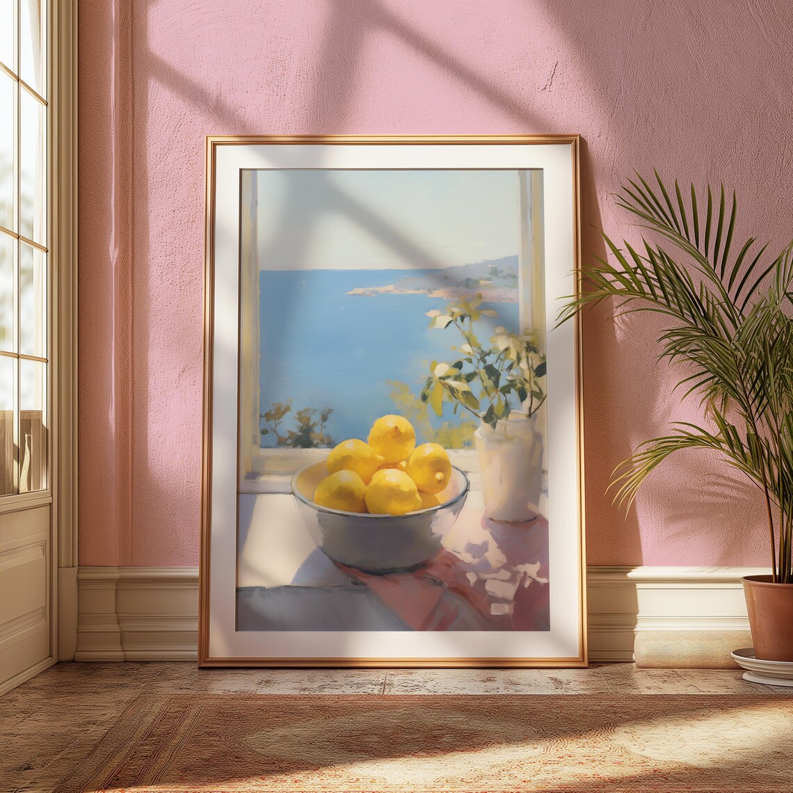 Bowl Of Lemons On Windowsill With Ocean View Coastal Art Poster - Image 2