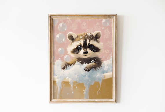 Sweet Raccoon Bubble Bath in Pink Vintage Tub Nursery Poster