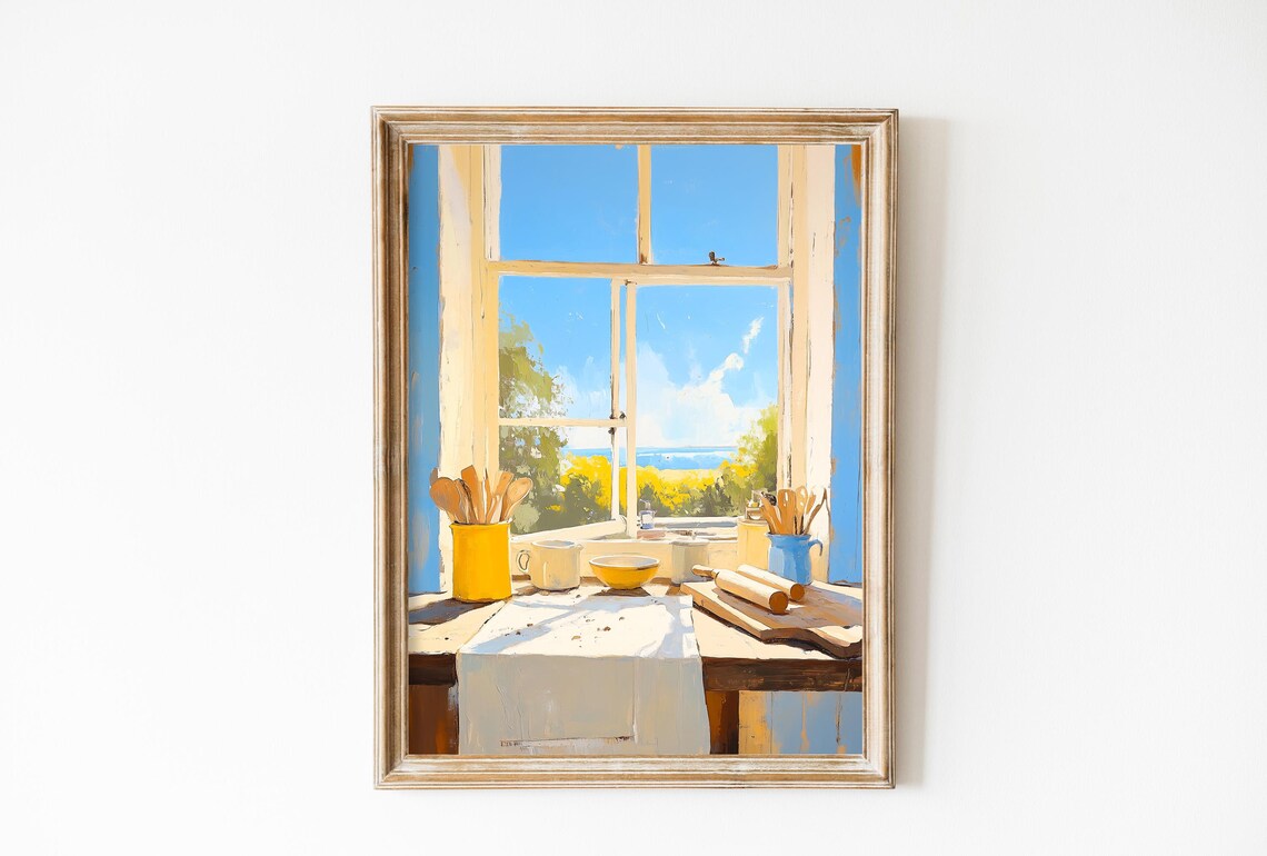 Sunny Country Kitchen Window Ocean View Bright Farmhouse Art Poster