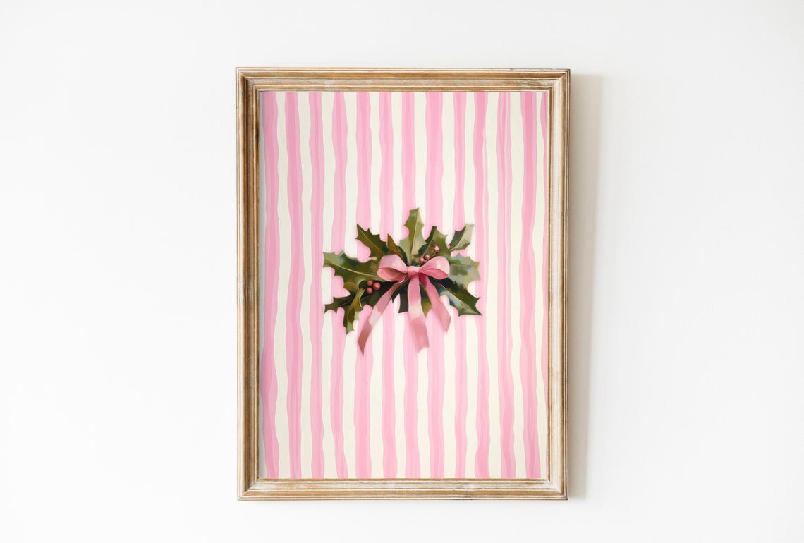Mistletoe With Pink Bow On Striped Pink Christmas Art Poster