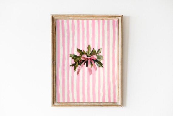 Mistletoe With Pink Bow On Striped Pink Christmas Art Poster