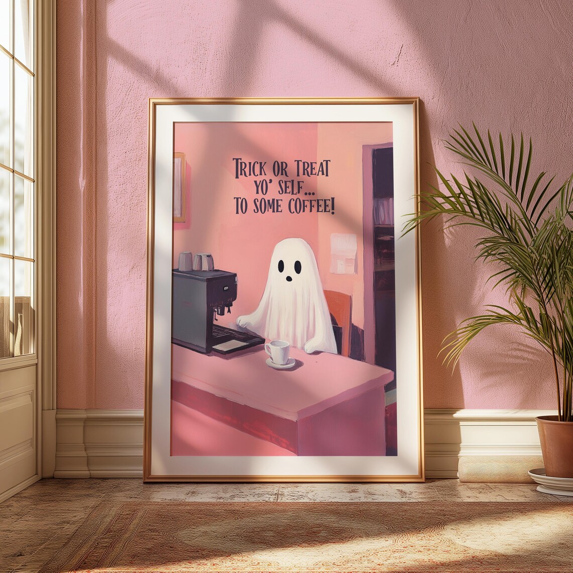 Pink Halloween Decor for Coffee Lovers, Spooky Art Print - Image 2