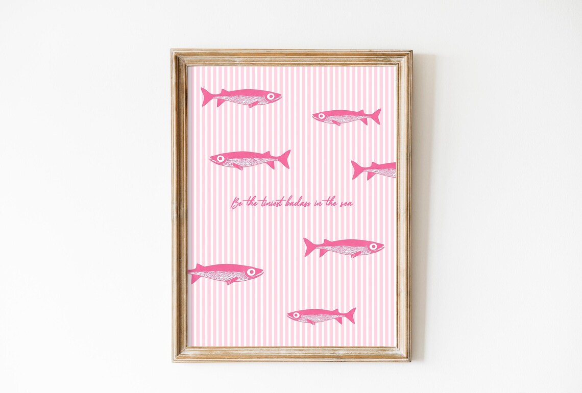 Pink Sardines On Stripped Background, Retro Poster