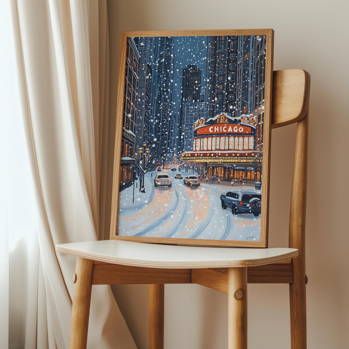 Vintage Chicago Theatre Marquee in Heavy Night Snow Street Poster - Image 2