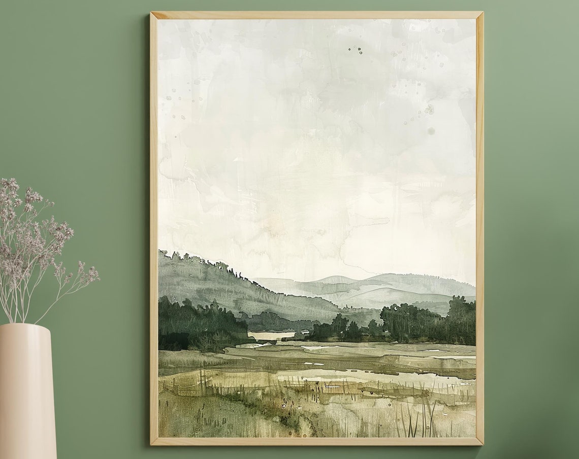 Muted Green Valley Watercolor Serene Hillside Landscape Art Poster - Image 5