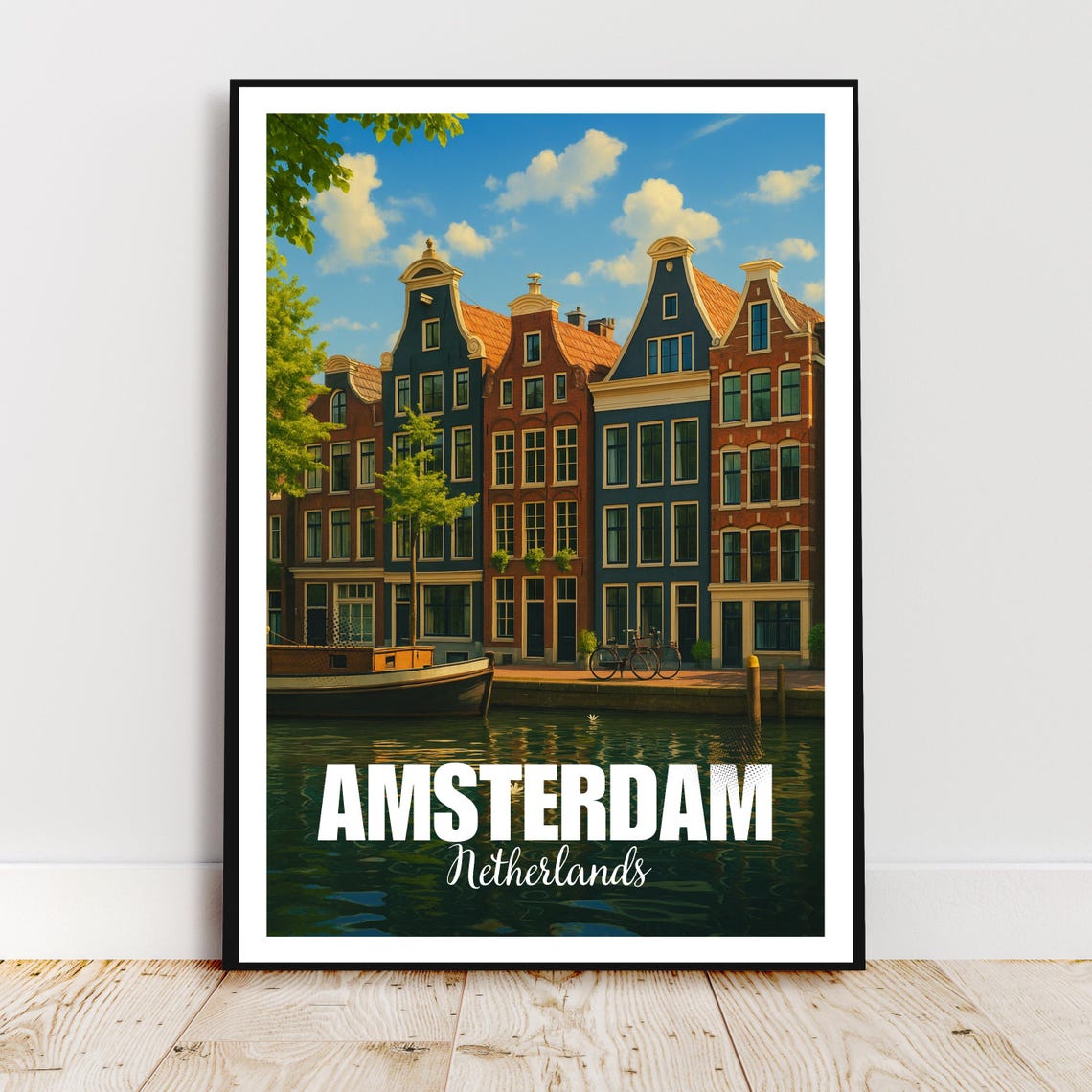 Amsterdam Netherlands Canal Houses Evening Reflection Travel Poster