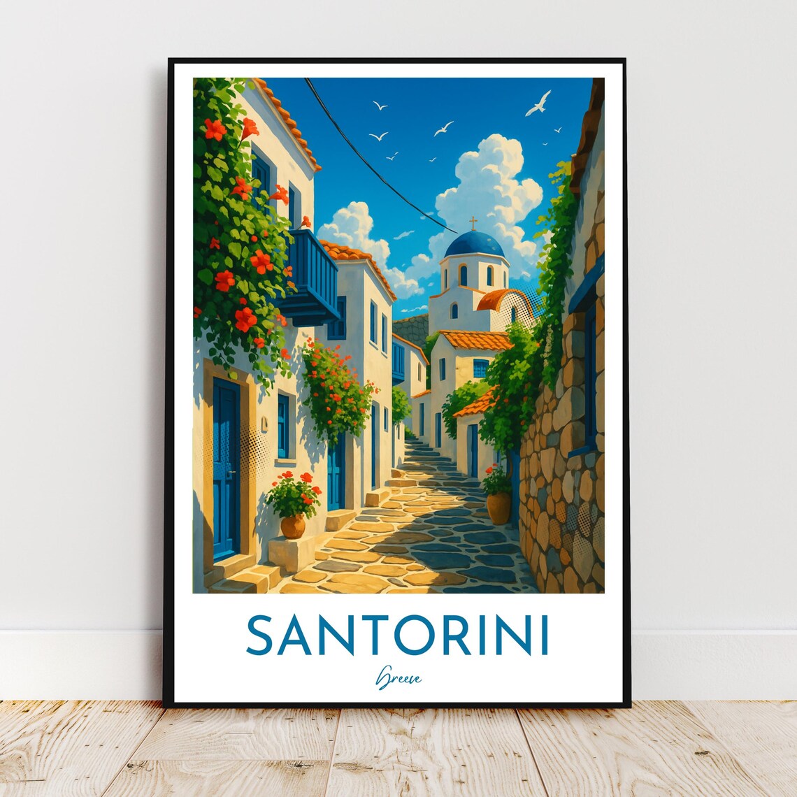 Santorini Greece Blue Domes Cobblestone Village Street Poster