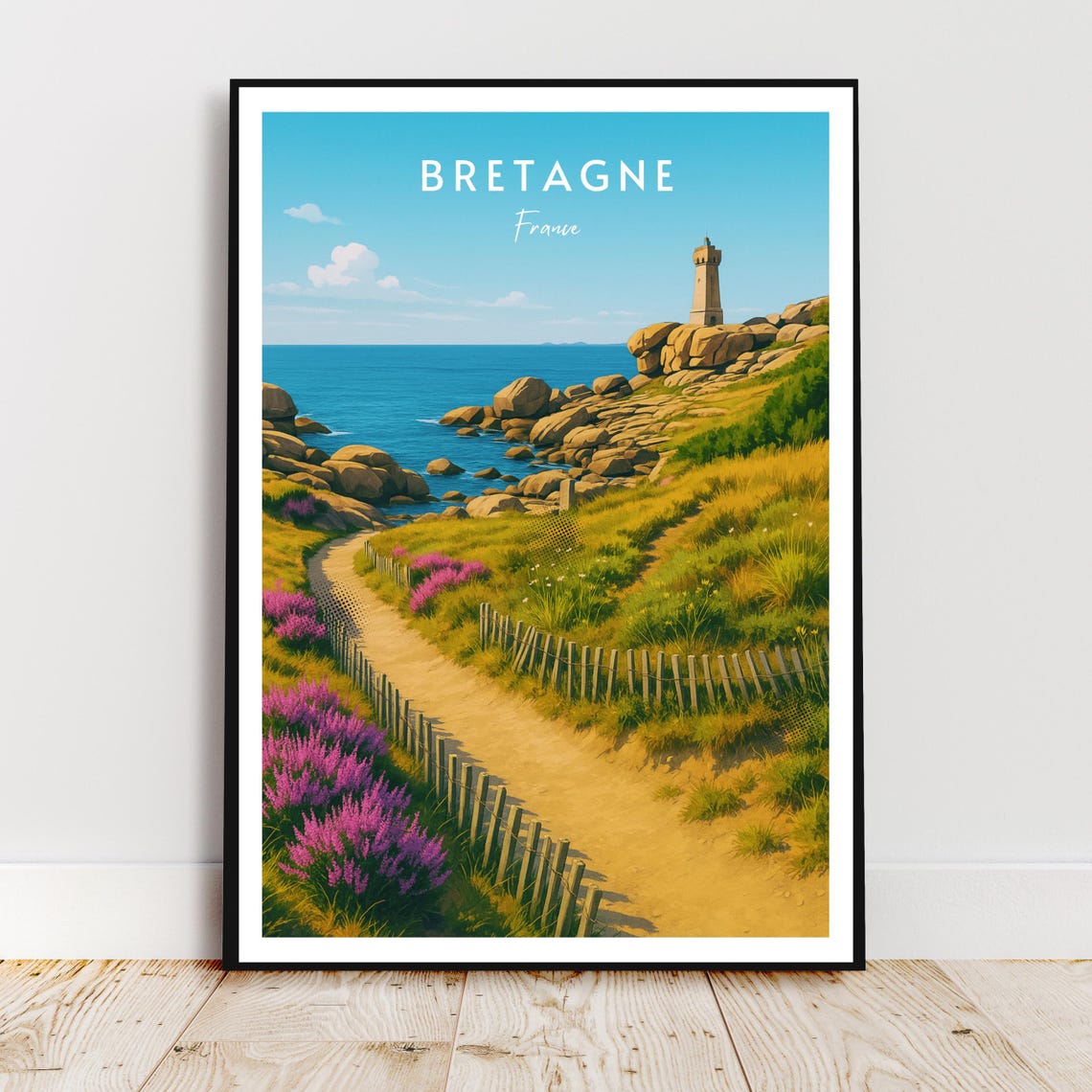 Bretagne France Coastal Path Lighthouse Heather Travel Poster