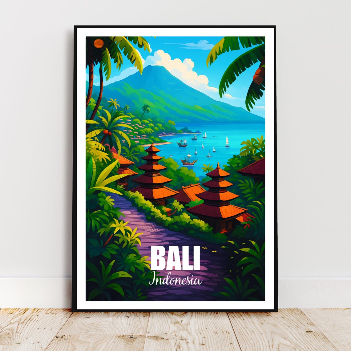 Bali Indonesia Temple Jungle Beach Volcano Retro Style Travel Poster