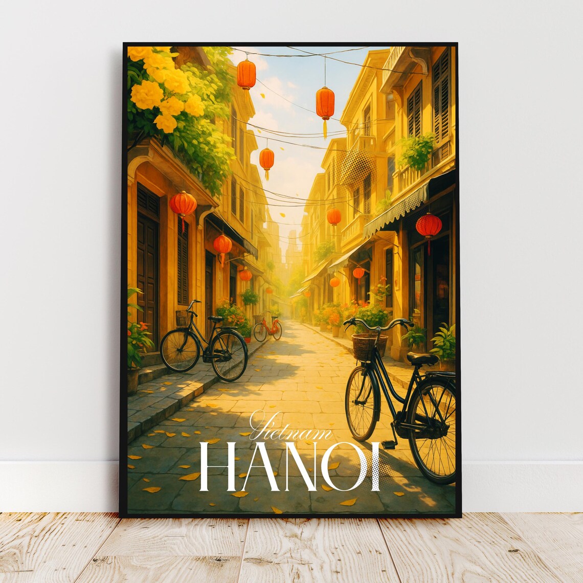 Hanoi Vietnam Old Town Lanterns Bicycles Street Travel Poster Art