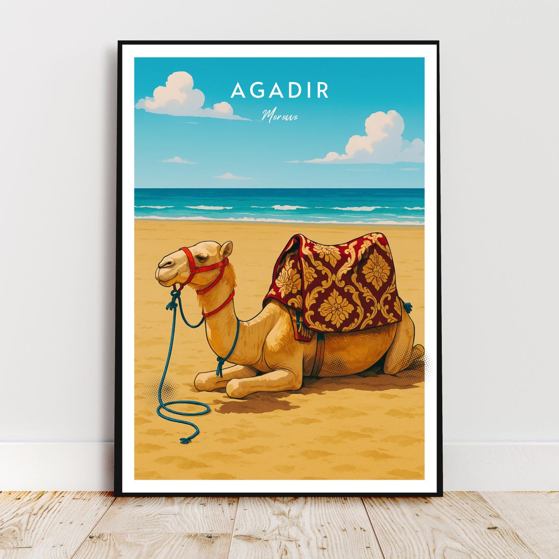 Agadir Morocco Beach Camel Resting Sunny Vintage Travel Poster