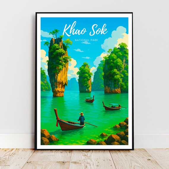 Khao Sok National Park Thailand Limestone Karst Boats Travel Poster