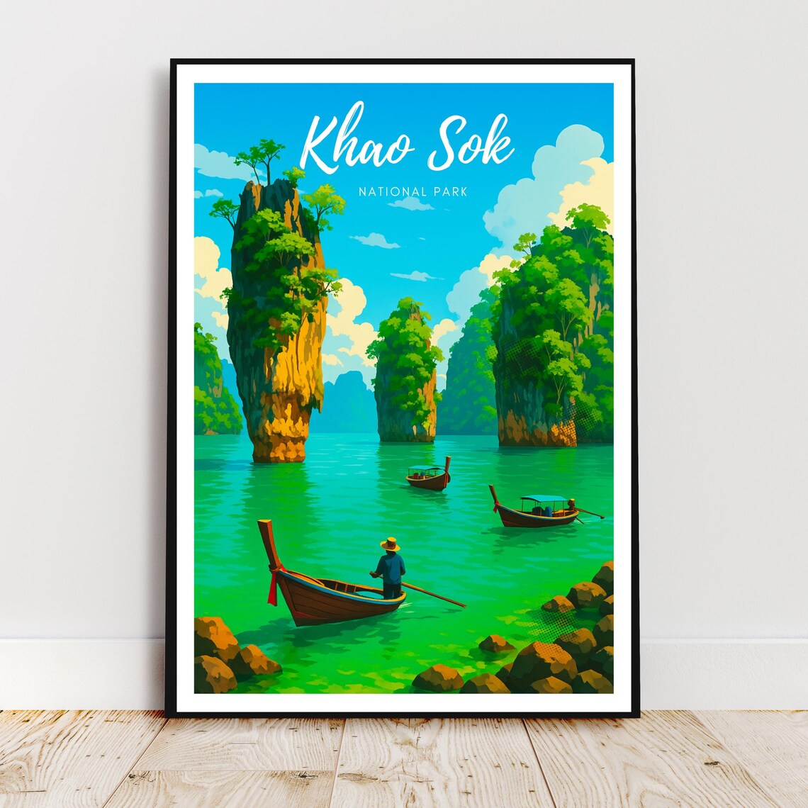 Khao Sok National Park Thailand Limestone Karst Boats Travel Poster