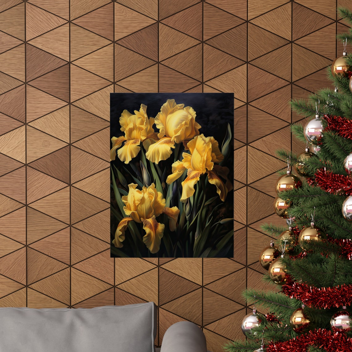 Golden Yellow Iris Blooms Elegant Dark Floral Botanical Art Print - Image 3