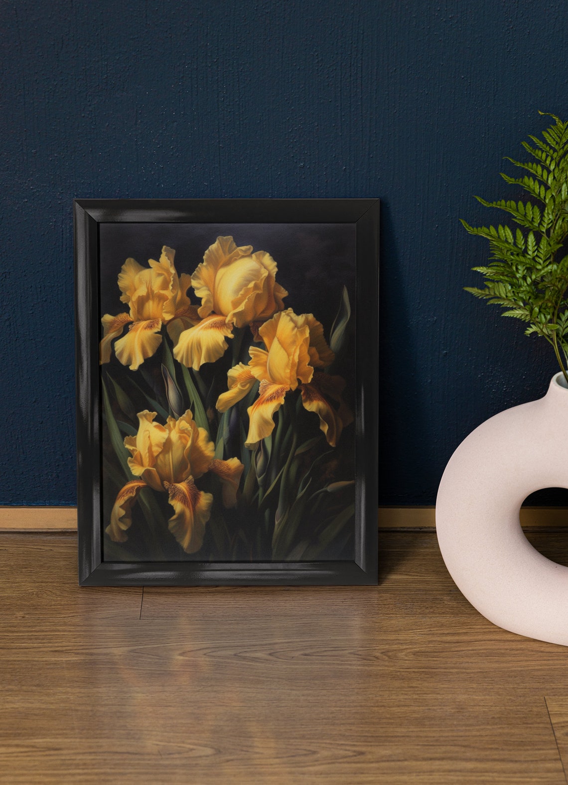 Golden Yellow Iris Blooms Elegant Dark Floral Botanical Art Print