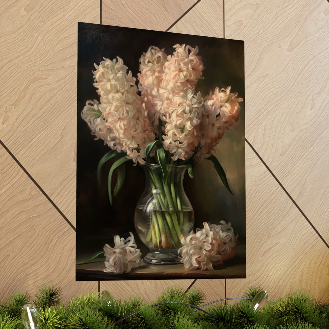 Blush Hyacinth Blooms Glass Vase Dark Moody Still Life Flower Poster - Image 2