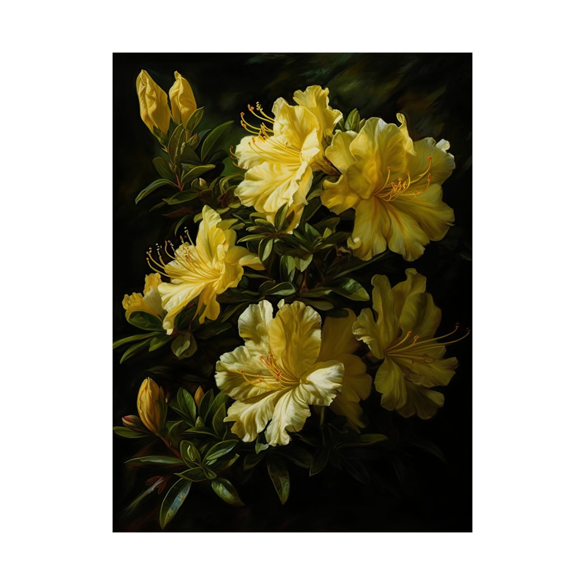 Pale Yellow Azalea Delicate Petals Dark Shrub Floral Wall Art Poster - Image 4