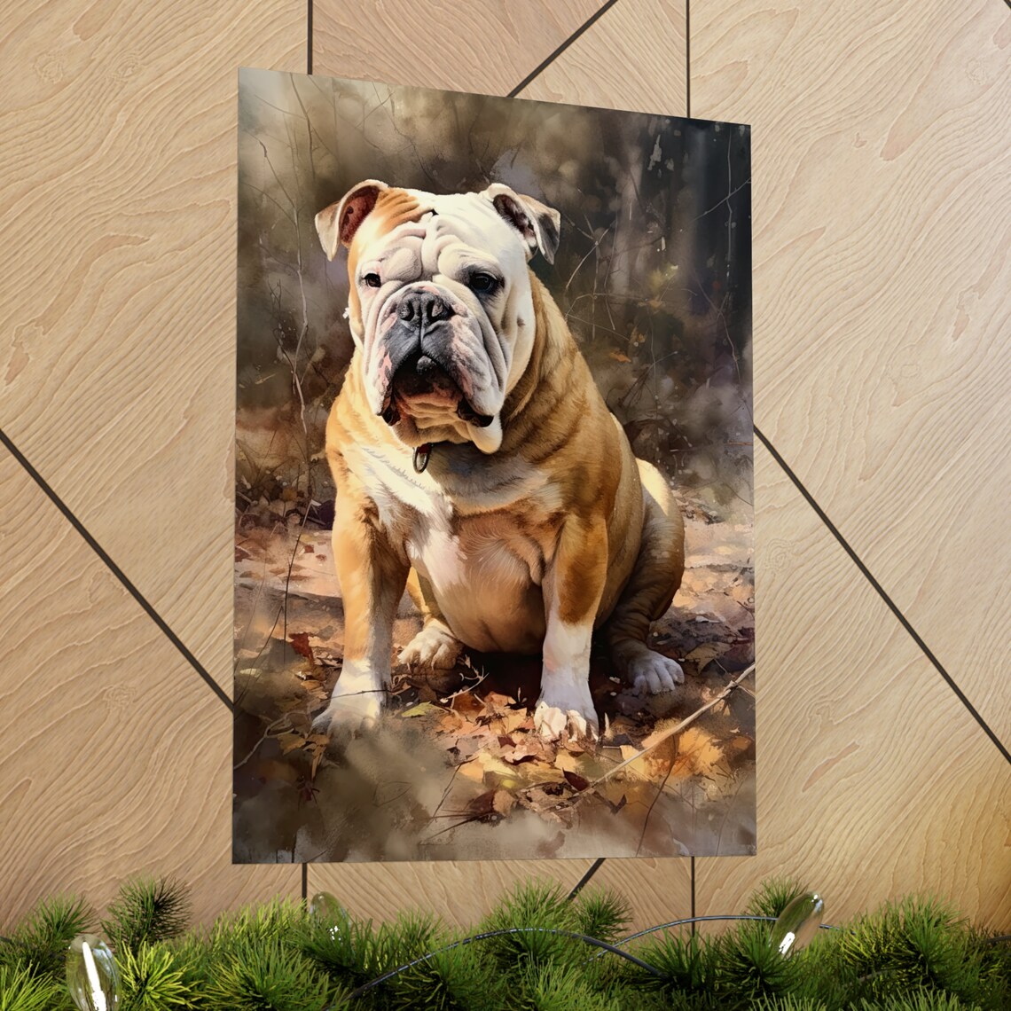 English Bulldog Autumn Leaves Portrait Painterly Dog Art Poster - Image 2