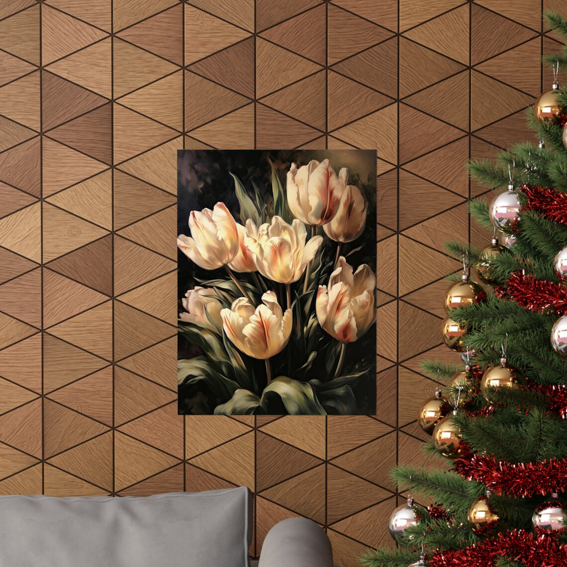 Fresh Cream Tulips Red Streaked Petals Dark Moody Floral Wall Art - Image 3