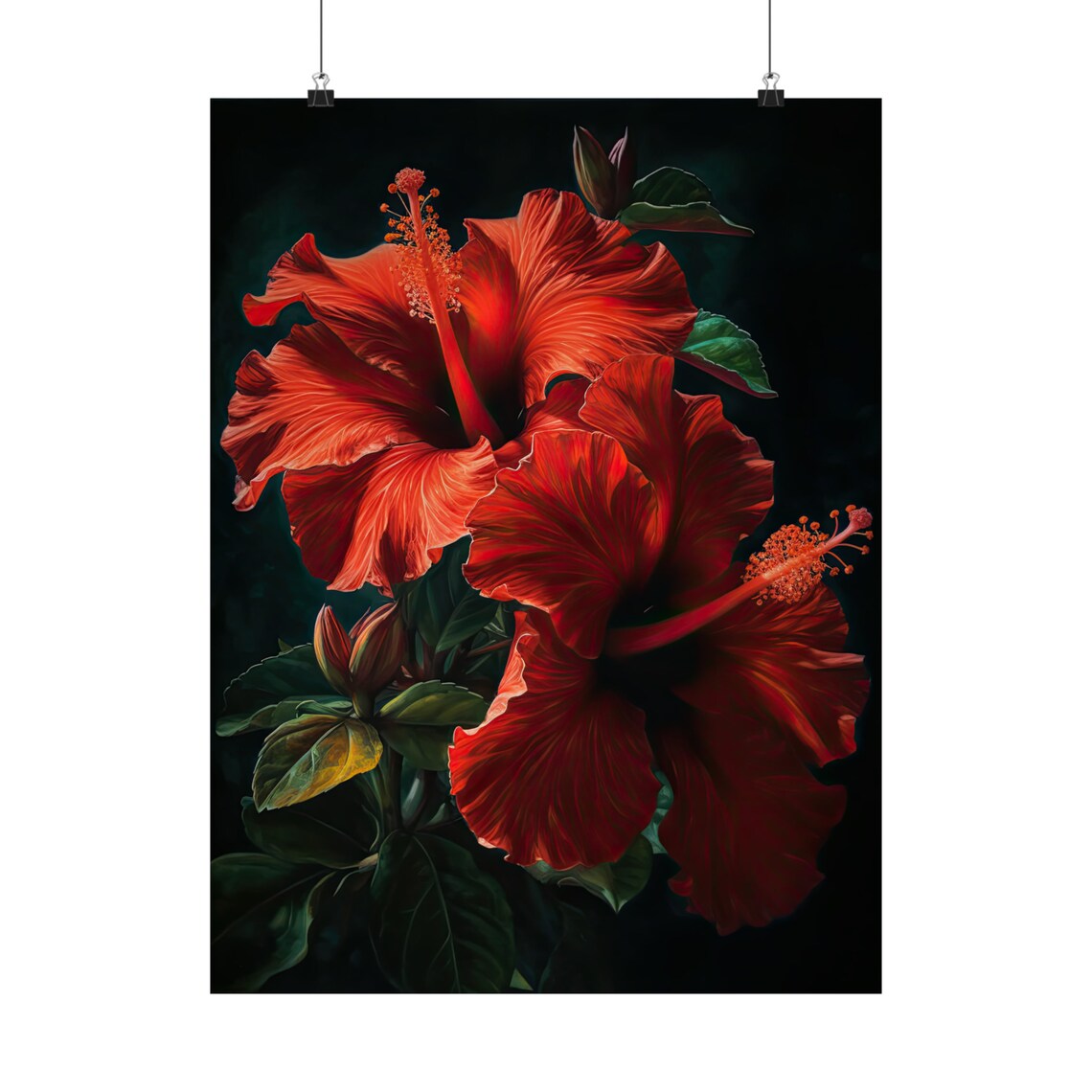 Scarlet Red Hibiscus Blooms Dark Background Floral Fine Art Poster - Image 5