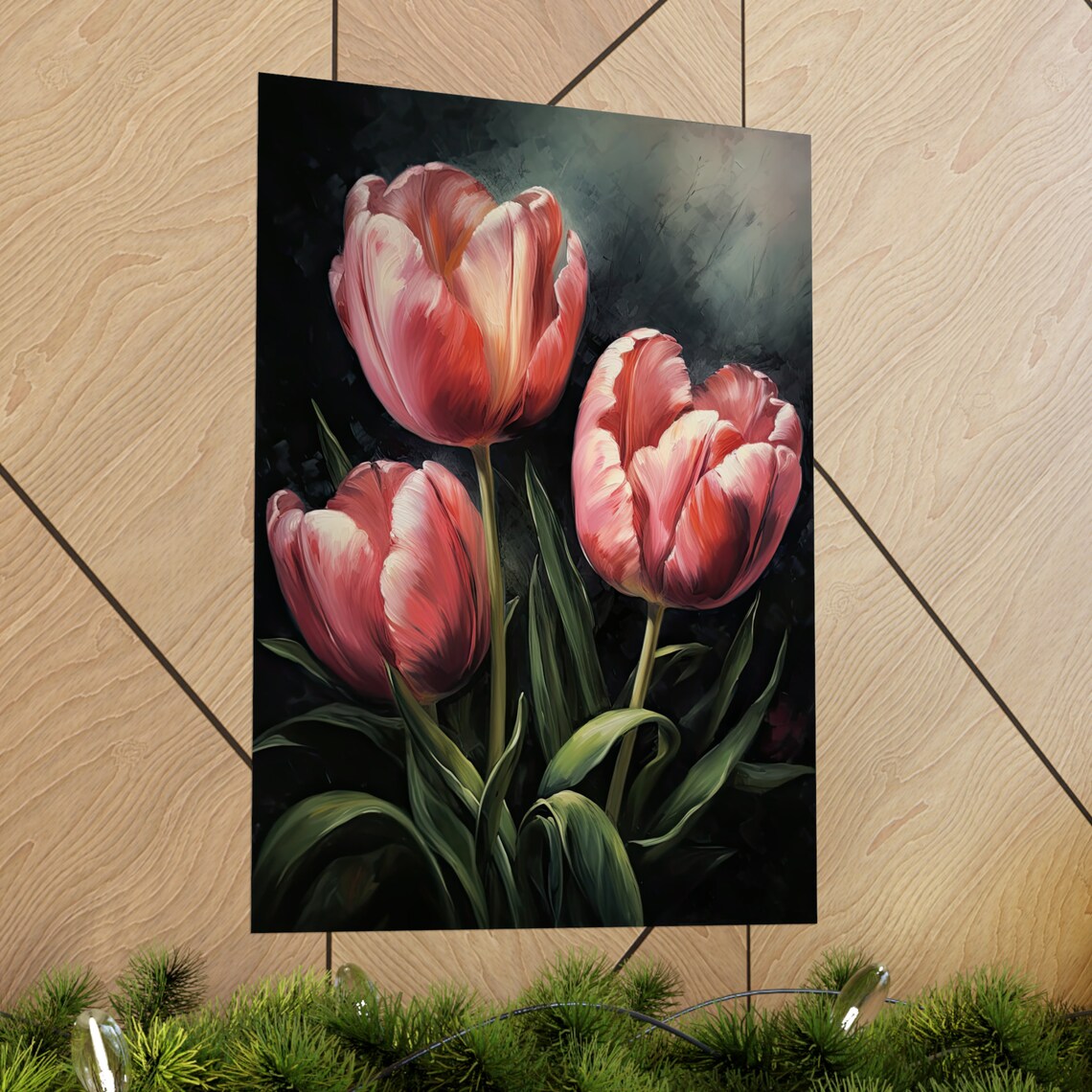 Pink Tulips Dark Moody Floral Oil Painting Botanical Wall Art - Image 2