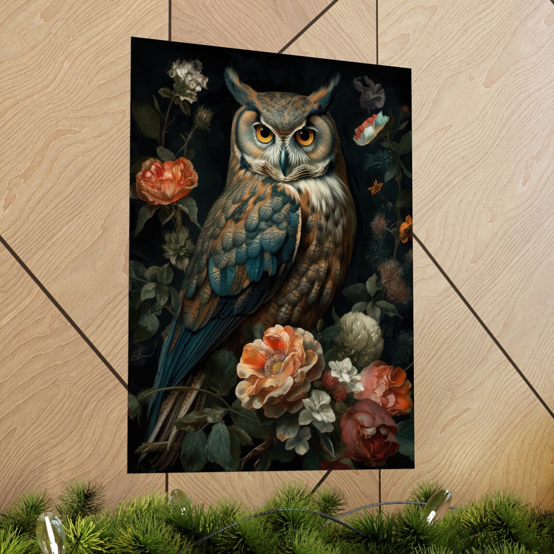 Great Horned Owl With Amber Eyes Among Dark Moody Roses Poster - Image 2