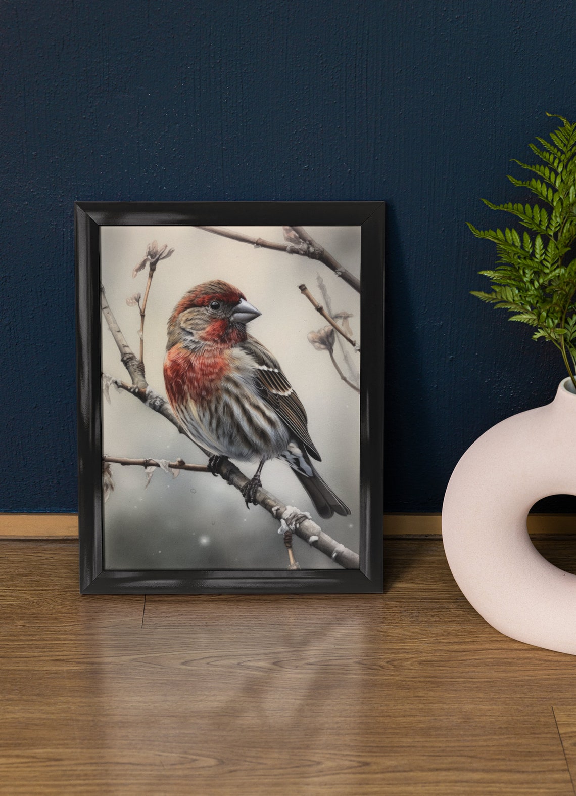 House Finch Perched On Snowy Winter Branch Watercolor Bird Print