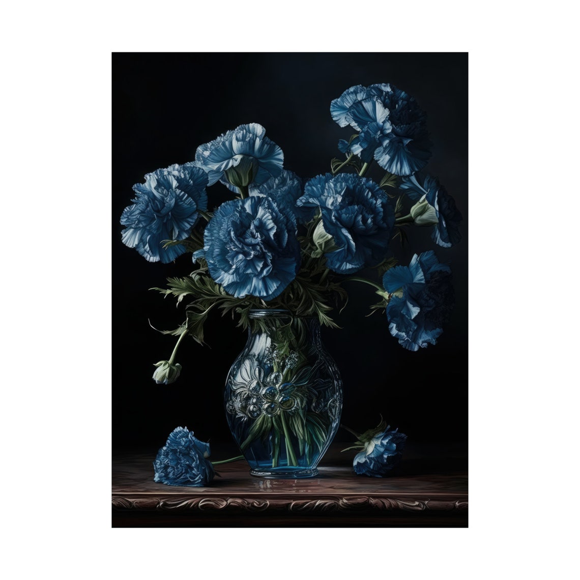Blue Carnation Bouquet Carved Glass Vase Rare Dark Floral Poster - Image 4