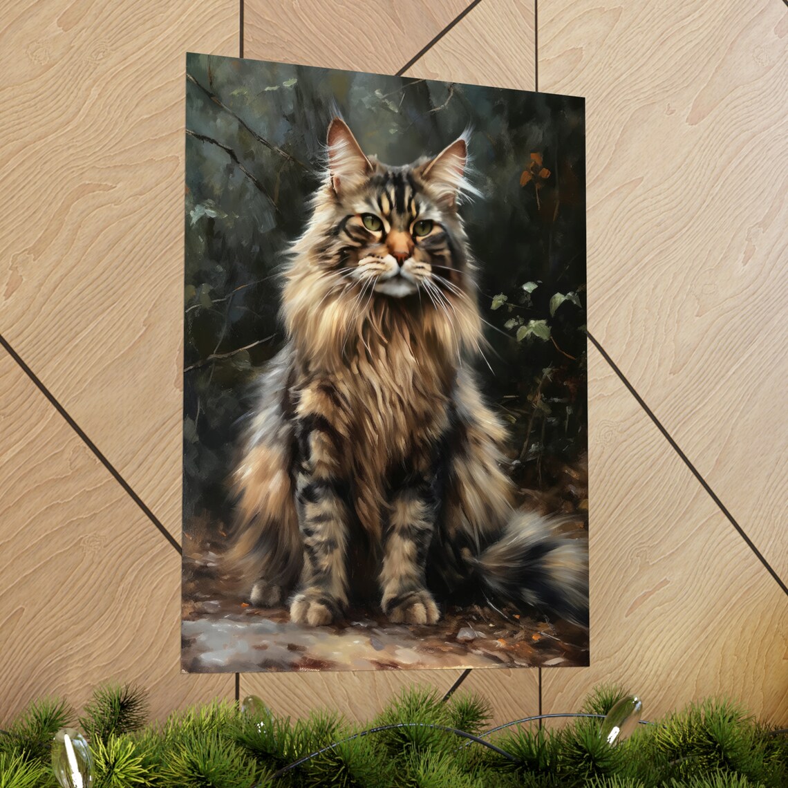 Maine Coon Cat Long Haired Tabby Portrait Painting Art Print - Image 2