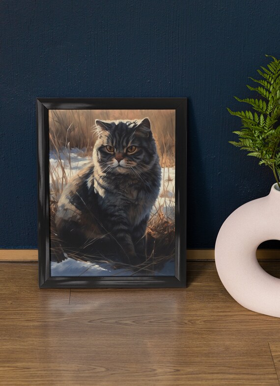 Scottish Fold Tabby Cat Autumn Grass Round Face Feline Art Poster