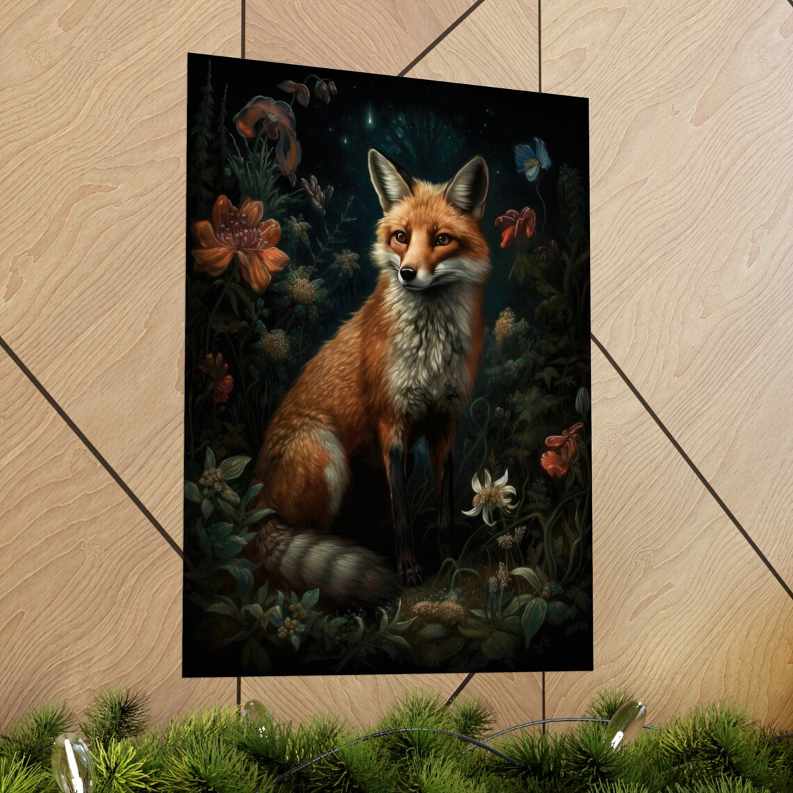 Red Fox Facing Viewer Among Orange Blooms In Dark Floral Art Poster - Image 2