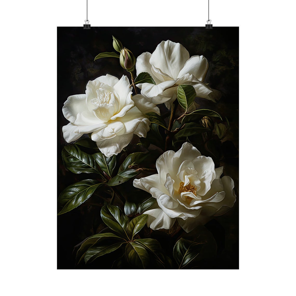 White Gardenia Blooms On Dark Background Moody Botanical Art Poster - Image 5