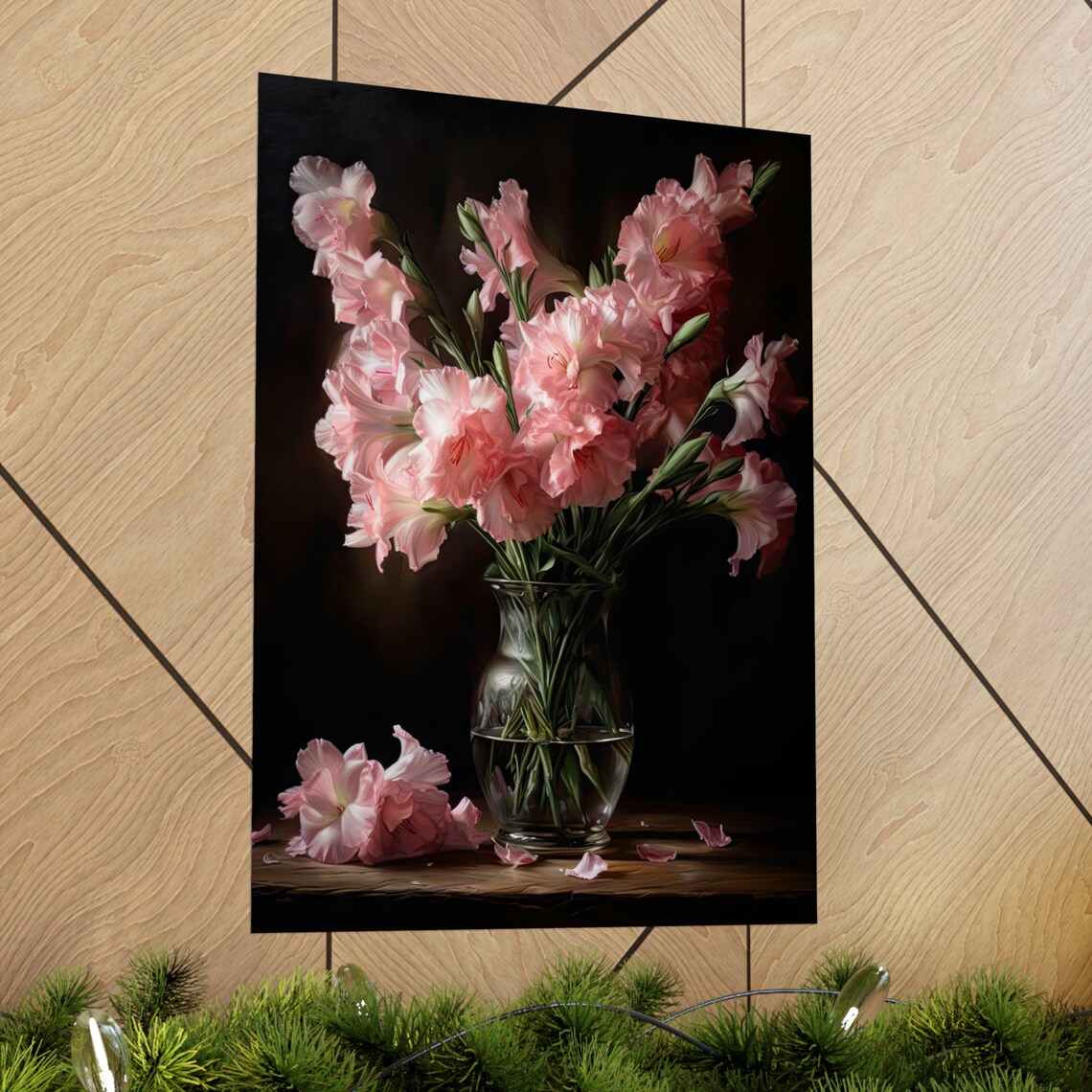 Blush Pink Gladiolus Glass Vase Dark Still Life Botanical Art Poster - Image 2