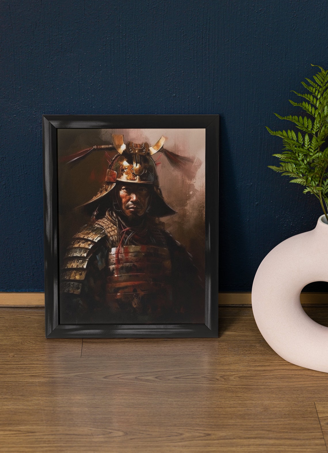 Samurai General in Horned Kabuto Helmet Dark Dramatic Art Print