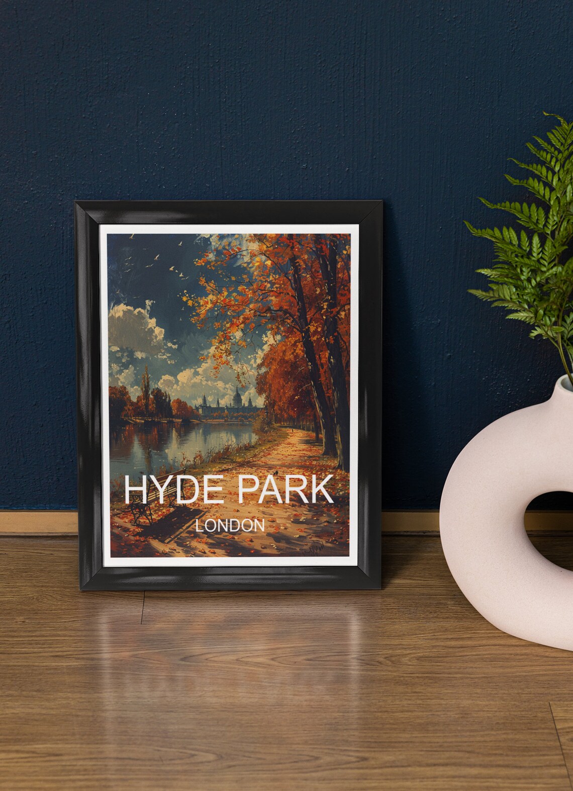 Hyde Park London Autumn Lakeside Path Serene Vintage Travel Poster