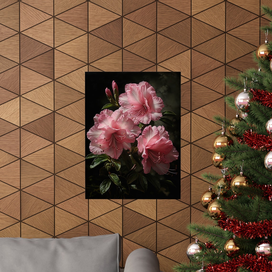 Pink Azalea Blossoms Moody Dark Botanical Floral Wall Art Print - Image 3