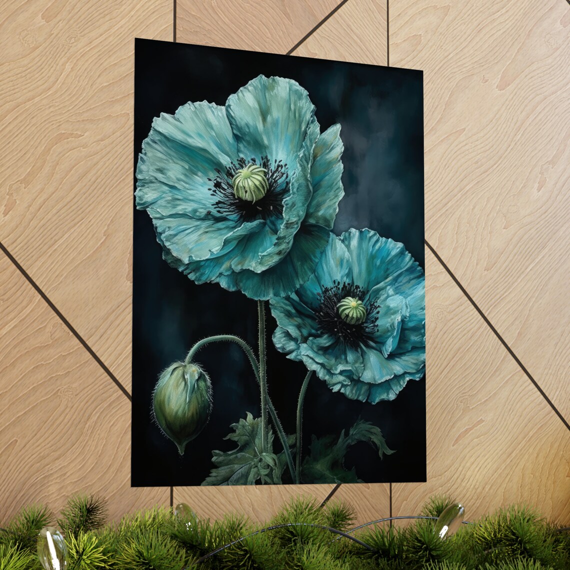 Teal Blue Poppy Flowers Dark Background Dramatic Botanical Poster - Image 2