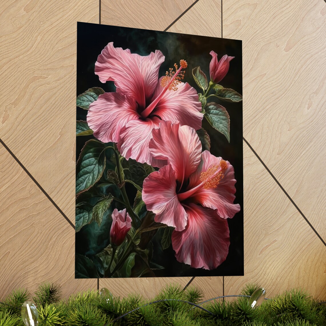 Pink Hibiscus Flowers Moody Dark Botanical Floral Wall Art Print - Image 2